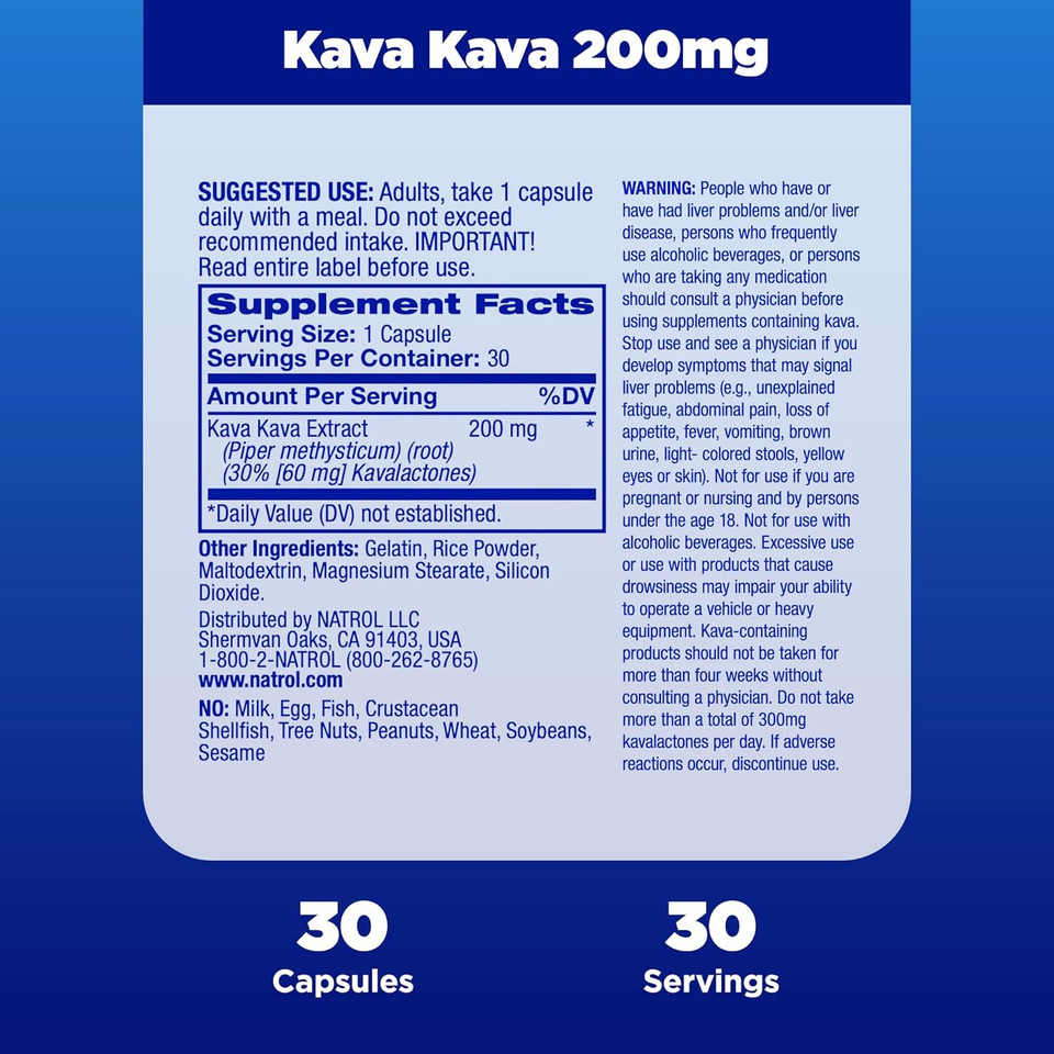 Natrol Mood & Stress Kava Kava 200Mg, Dietary Supplement For Relaxation And Eases Tension, 30 Capsules, 15-30 Day Supply