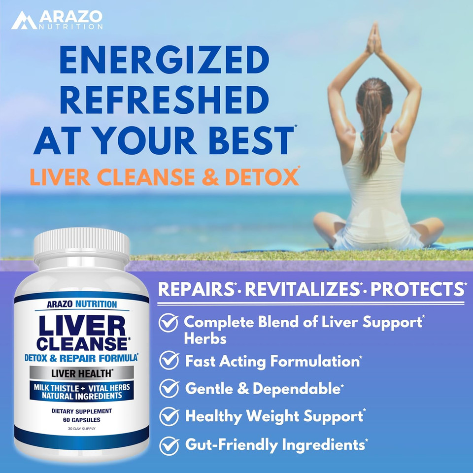 Arazo Nutrition Liver Cleanse Detox & Repair Formula  Milk Thistle Herbal Support Supplement: Silymarin, Beet, Artichoke, Dandelion, Chicory Root