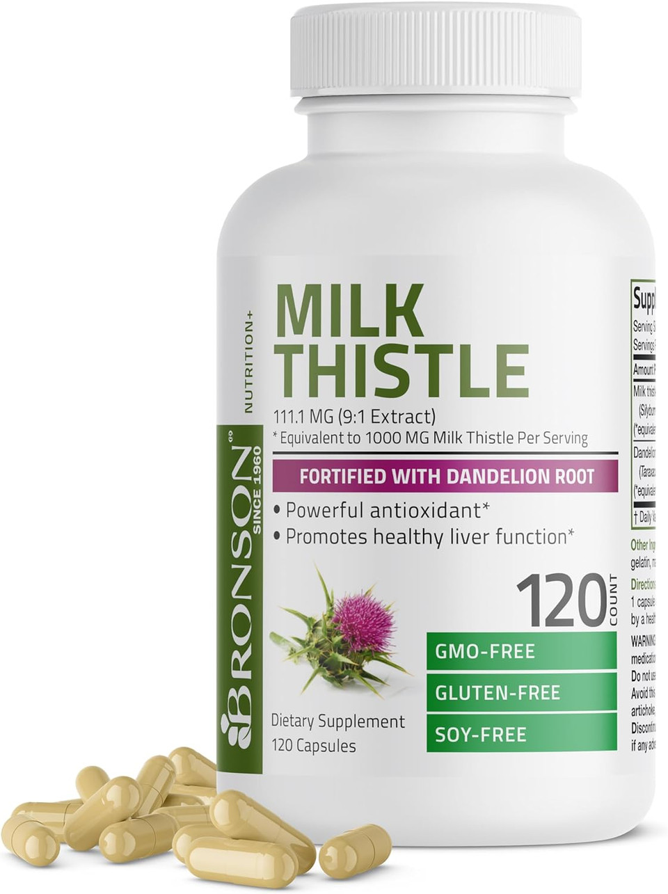 Bronson Milk Thistle Silymarin Marianum & Dandelion Root Liver Health Support, Antioxidant Support, Detox, 120 Capsules120 Count (Pack Of 1)