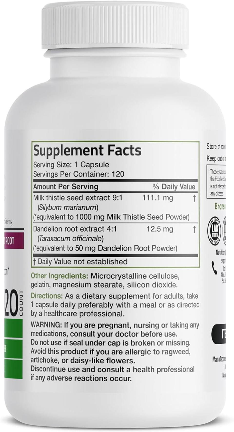 Bronson Milk Thistle Silymarin Marianum & Dandelion Root Liver Health Support, Antioxidant Support, Detox, 120 Capsules120 Count (Pack Of 1)