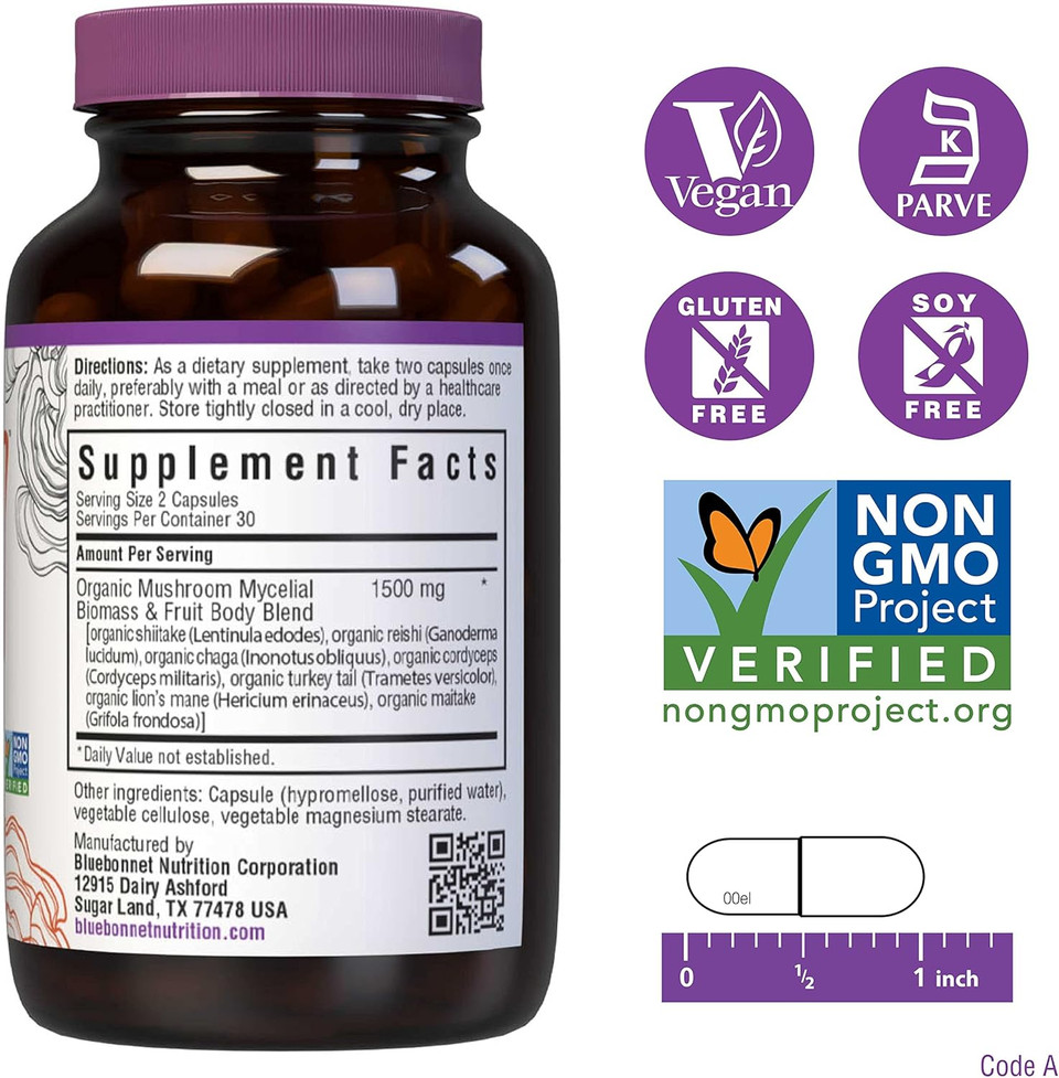 Bluebonnet Nutrition Myco-7 Mushroom Defense  7 Organically Grown U.S. Whole, Full-Cycle Mushrooms  For Immune & Wellness - Soy-Free, Gluten-Free, Non-Gmo, Kosher, And Vegan  60 Vegetable Capsules
