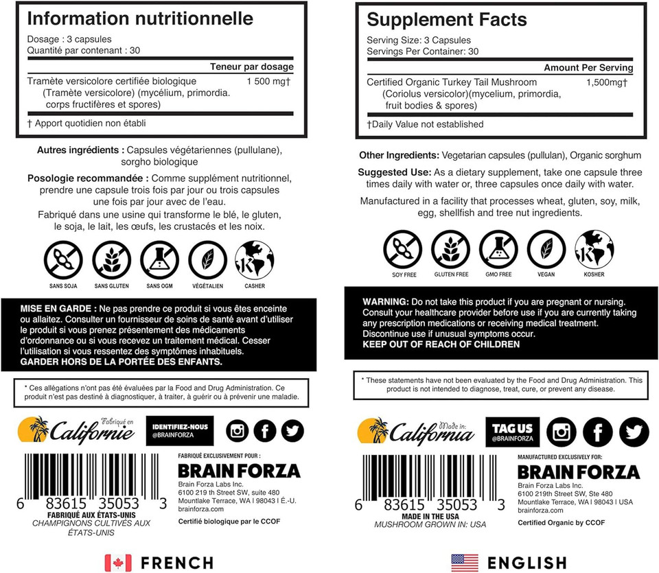 Brain Forza Organic Turkey Tail Mushroom Capsules, Mushroom Powdered Immune Support, Liver And Digest Health Support, Organic Defense Support, Non-Gmo, Vegan, Organic, 90 Capsules