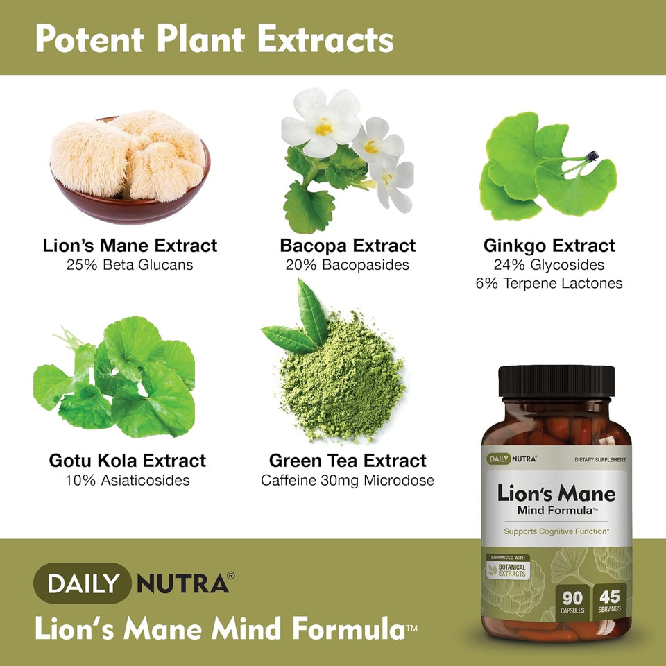 Dailynutra Lionã¢ÂS Mane Mind Formula - Nootropic Supplement For Cognitive Brain Health | Organic Mushroom Extract With Bacopa, Gingko, & Gota Kola (3-Pack)