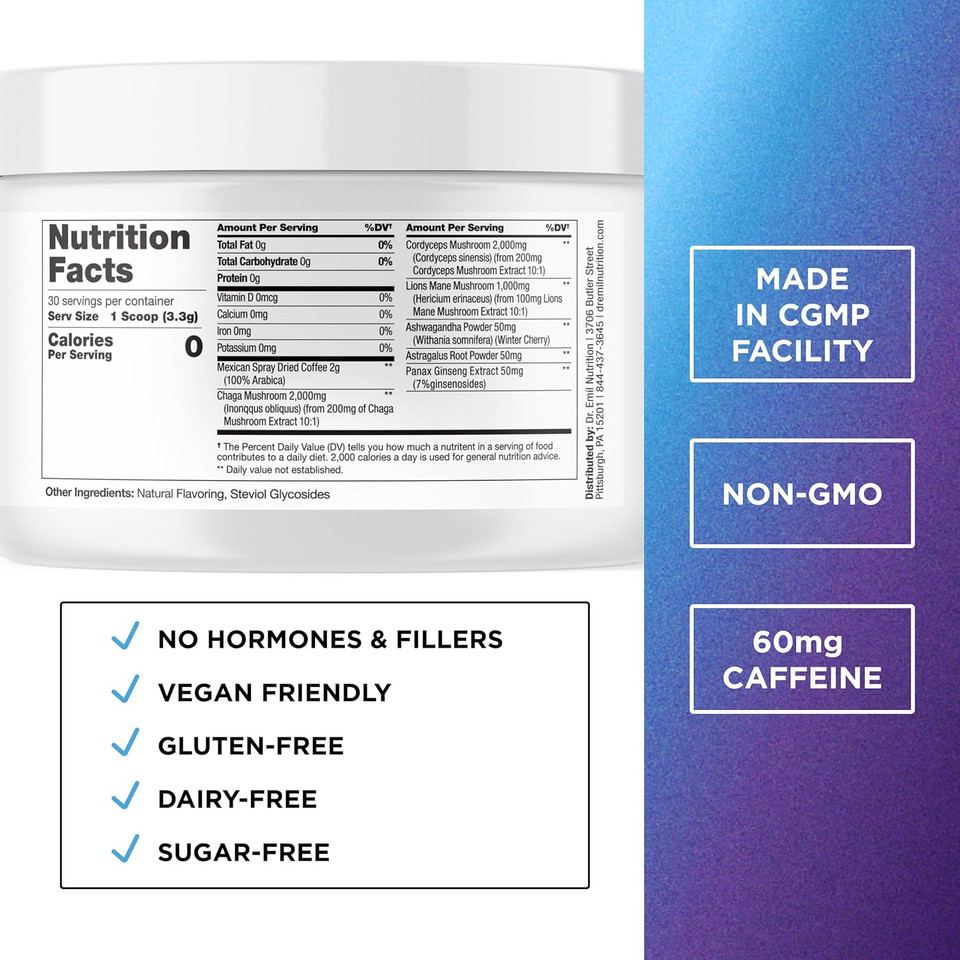 Dr. Emil Mushroom Coffee For Focus & Energy - Instant Coffee With Lions Mane, Chaga & Cordyceps - Delicious Caramel Flavor & Potent Mushroom Powder Blend