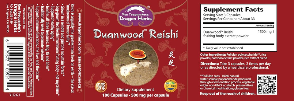 Dragon Herbs - Duanwood Reishi Capsules - 100 Capsules, 500 Mg Each
