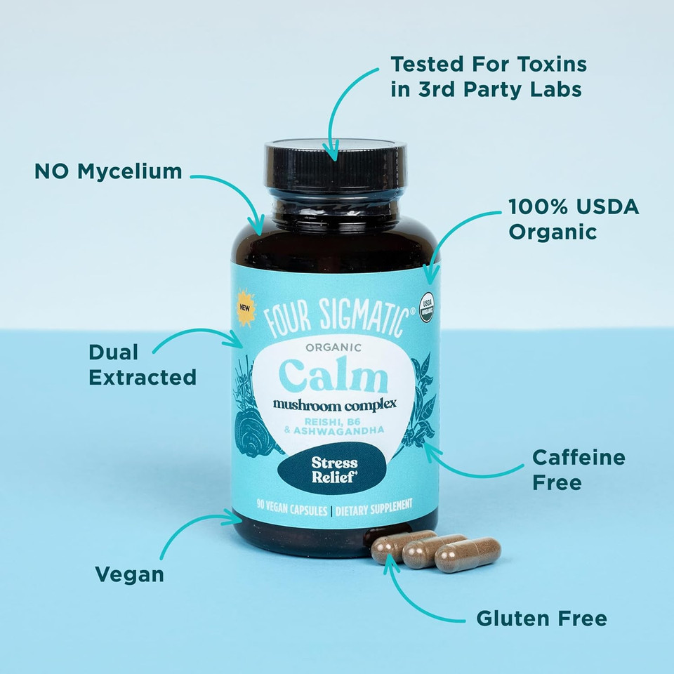 Four Sigmatic Calm Capsules | Vegan Stress Relief Supplement To Promote Positive Mood With Organic Ashwagandha Powder, Organic Reishi Mushroom, Tulsi (Holy Basil Extract), Vitamin B6 | 30 Servings