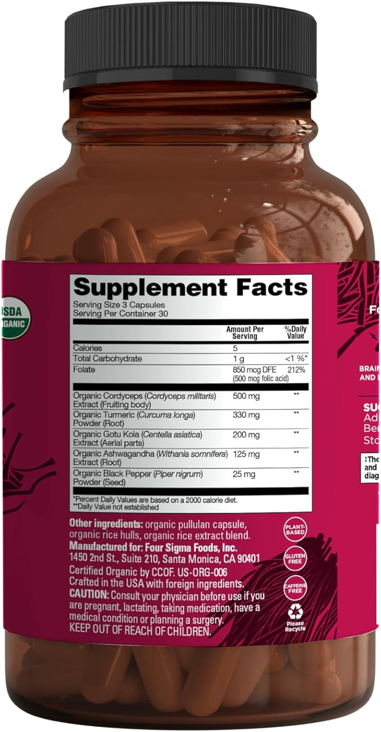 Four Sigmatic Calm Capsules | Vegan Stress Relief Supplement To Promote Positive Mood With Organic Ashwagandha Powder, Organic Reishi Mushroom, Tulsi (Holy Basil Extract), Vitamin B6 | 30 Servings