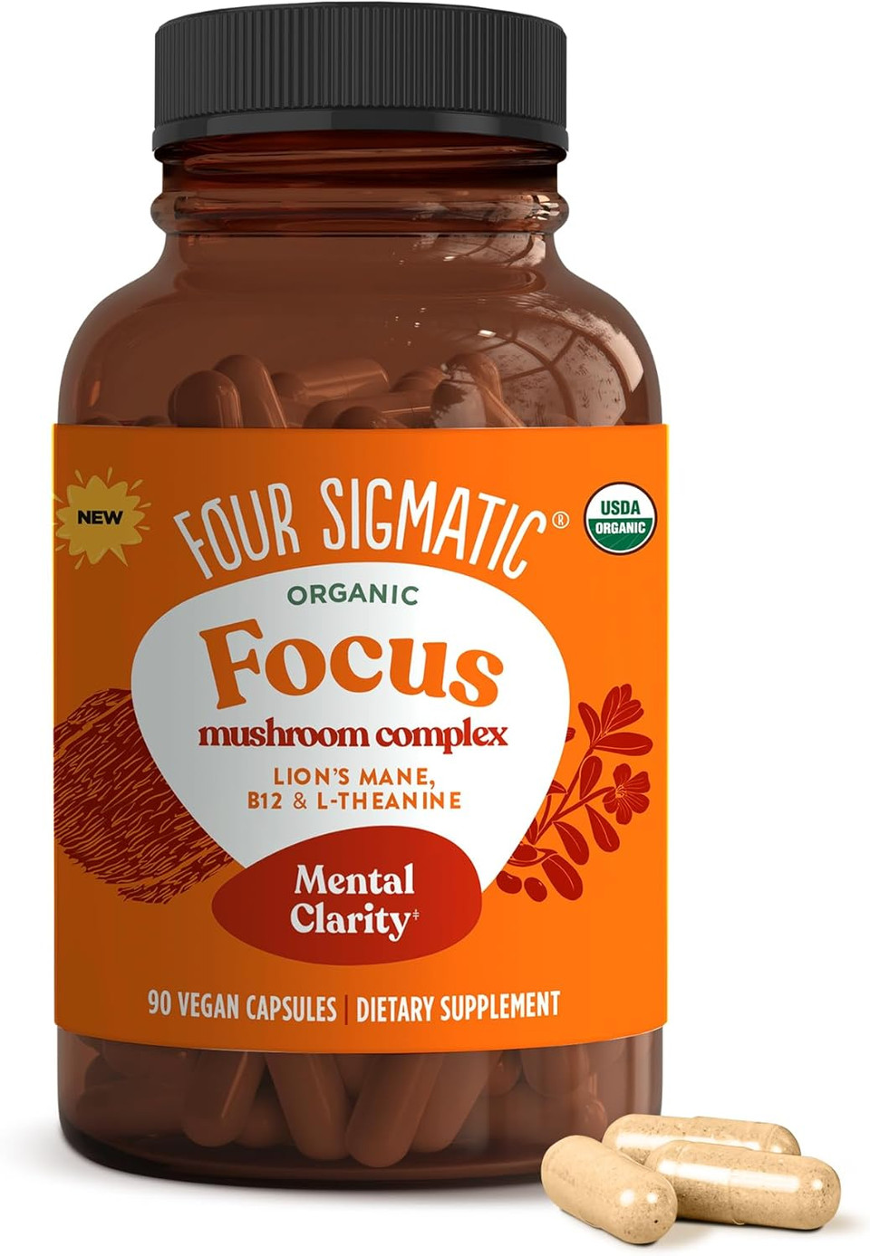 Four Sigmatic Focus Capsules | Lion'S Mane Supplement Capsules | Brain Boosting Complex With Ashwagandha, Bacopa Monnieri & Rhodiola | Vegan Nootropic Adaptogen & Mushroom Supplement | 30 Servings