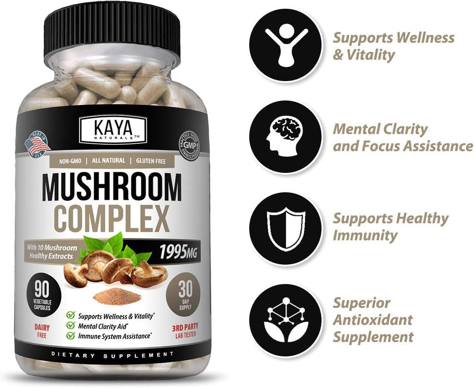 Kaya Naturals Premium Mushroom Complex Potent | Organic Mushroom Supplement| Mushroom Complex Capsules 1995Mg Per Serving - Aids Mental Clarity Supports Immune System, Wellness & Vitality | 180 Count180 Count (Pack Of 1)