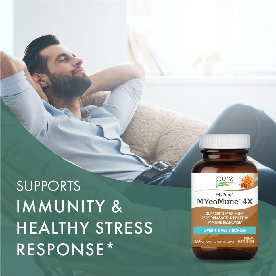 Mycomune 4X Organic Mushroom Supplement - Reishi, Lion'S Mane, Cordyceps, Chaga, Shiitake, Maitake For Immune System, Combat Stress, Build Energy By Pure Essence - 60 Caps