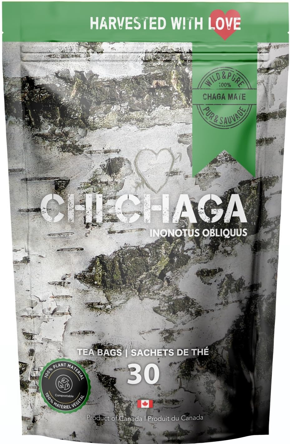 Premium 100% Wild Harvested Chaga Mushroom & Yerba Mate Combo - 30 Tea Bags