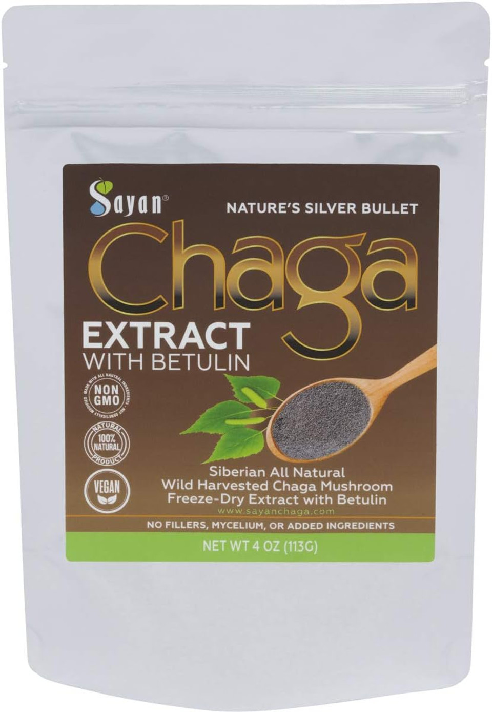 Sayan Siberian Wild Forest Chaga Mushroom Extract Powder With Betulin Birch Bark Extract  4 Oz (113 G) For Immune System Support, Energy Boost, Antioxidant And Detox Teachaga Extract + Betulin