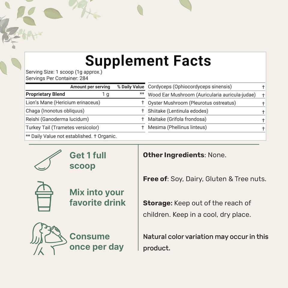 Sustainably Us Grown, Organic Mega Mushroom 10 In 1 Complex Formula Powder For Immune System Booster, 10 Ounce (284 Days Supply), Chaga, Lions Mane, Cordyceps, Reishi & More, Filler Free, Vegan
