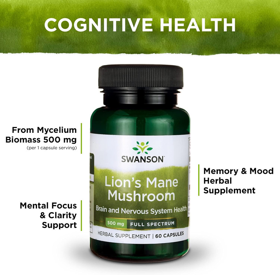 Swanson Lion'S Mane Mushroom Capsules - 500 Mg Each, 60 Capsules - Herbal Supplement Supporting Cognitive Function
