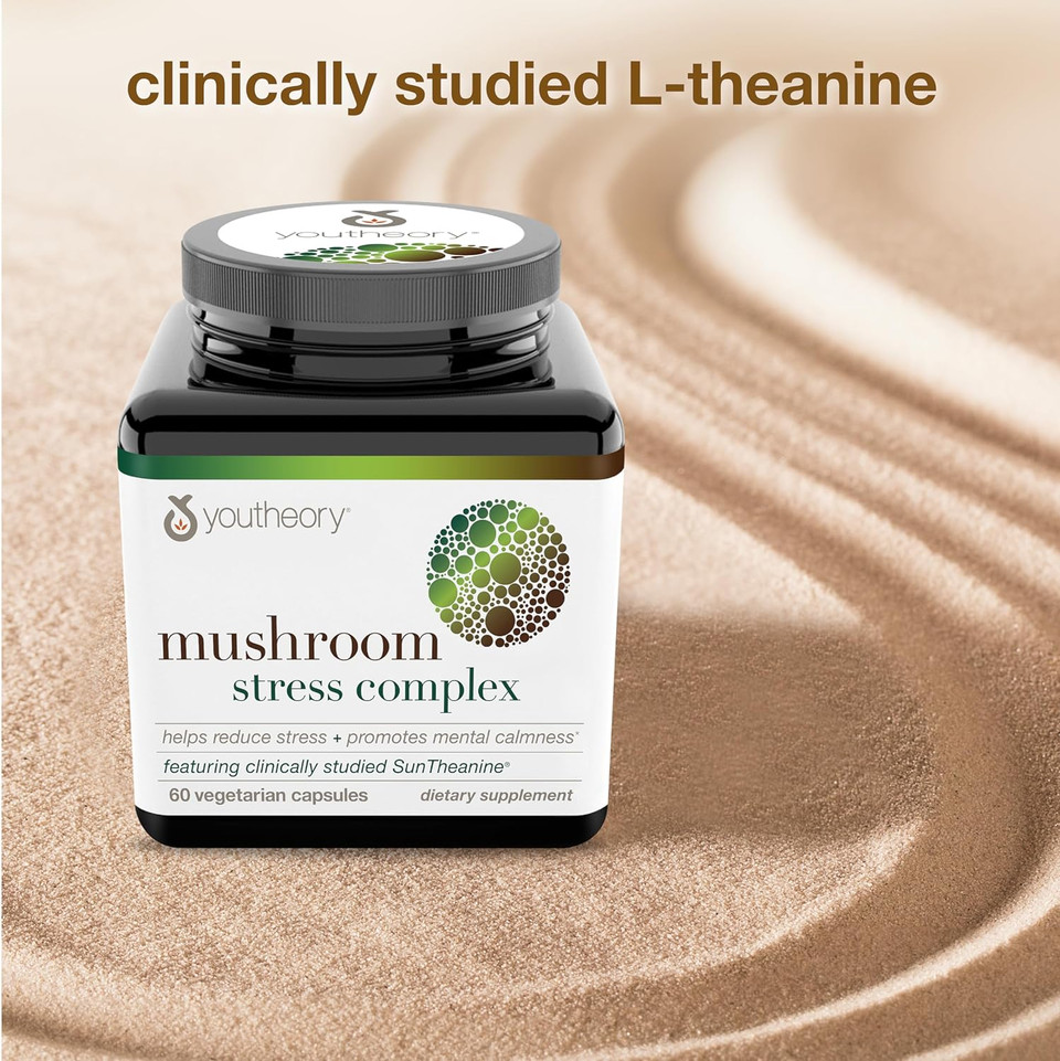 Youtheory Mushroom Stress Complex, Organic Full-Spectrum Mushrrom With L-Theanine, Help Reduce Stress And Promotes Mental Calmness, 60 Vegetarian Capsules