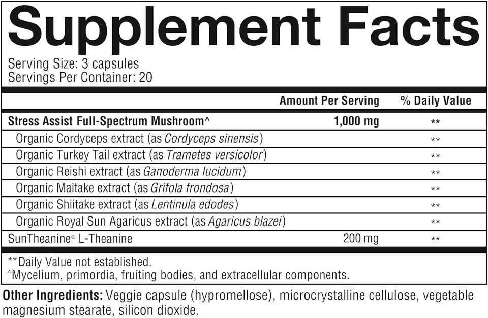 Youtheory Mushroom Stress Complex, Organic Full-Spectrum Mushrrom With L-Theanine, Help Reduce Stress And Promotes Mental Calmness, 60 Vegetarian Capsules