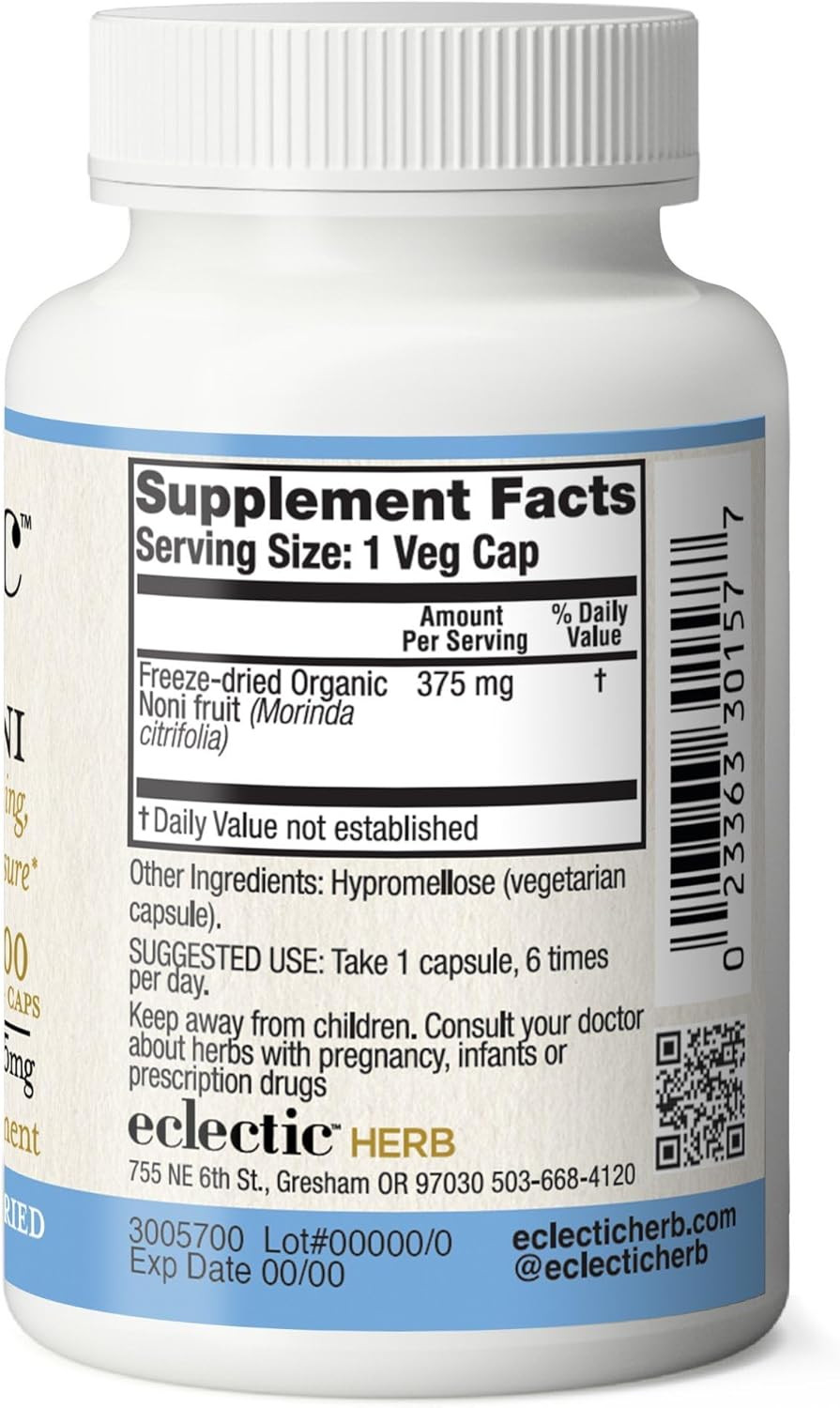 Eclectic Institute Raw Fresh Freeze-Dried Non-Gmo Noni | Antioxidant Blood Lipid Support | 100 Ct (375 Mg)