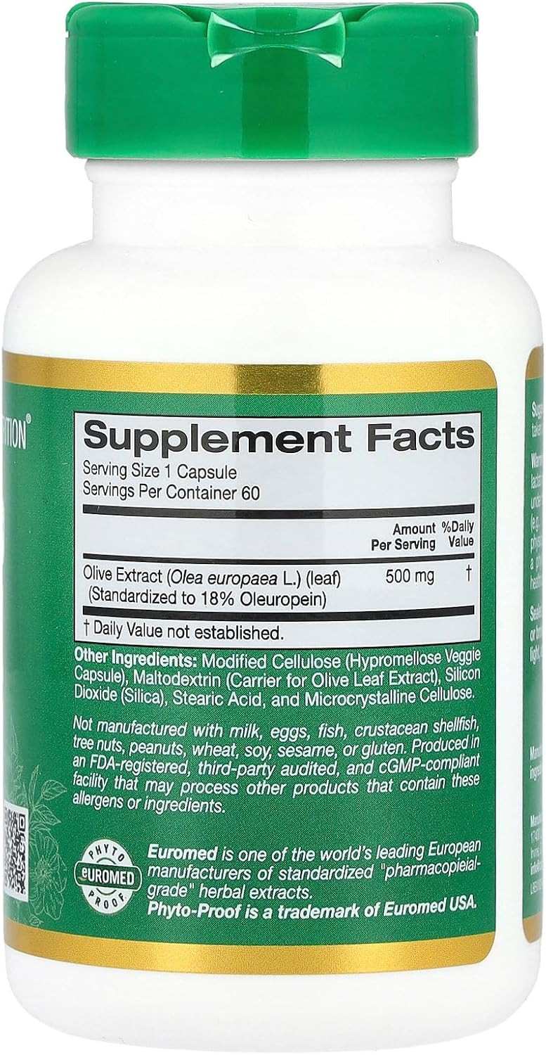 Olive Leaf Extract 500 Mg, 18% Oleuropein, Processed In Spain, 3Rd Party Tested European Quality, 60 Veggie Capsules, California Gold Nutrition Euroherbs