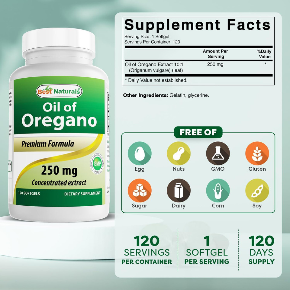 Best Naturals Oregano Oil 250 Mg Softgels, 120Count