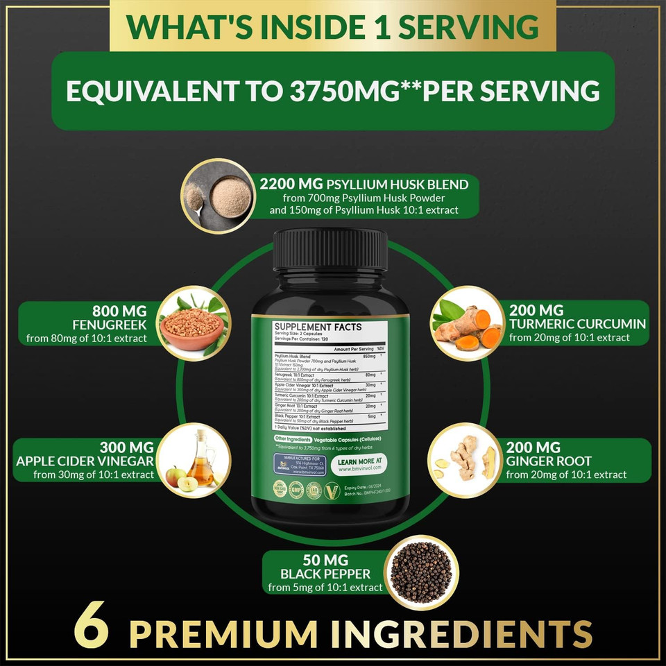 Bmvinvol Psyllium Husk Capsules 3750Mg - 4 Months Supply - Fenugreek, Apple Cider Vinegar, Turmeric - Fiber Supplement For Supports Digestive Health & Regularity (240 Count)