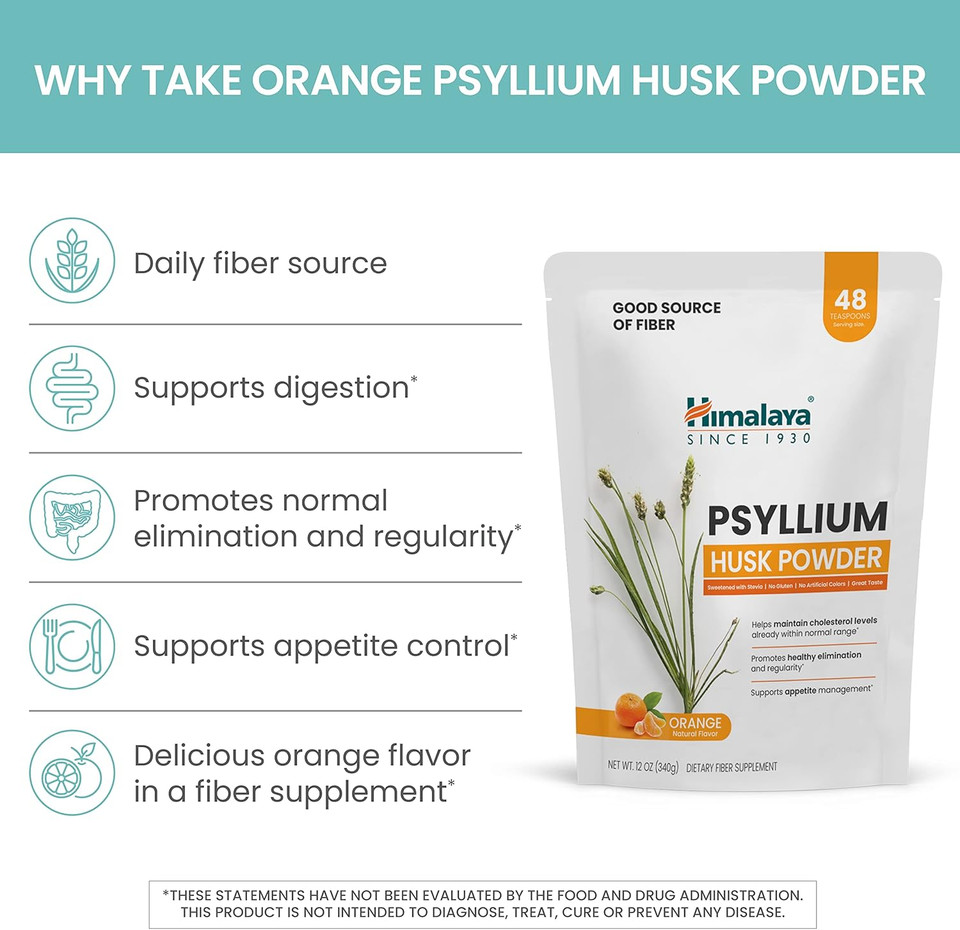 Himalaya Orange Psyllium Husk Powder, Daily Fiber Supplement For Regularity & Digestive Support, Sugar Free, Gluten Free, Vegan, No Artificial Colors, Easy-To-Mix,12 Oz (340 G)