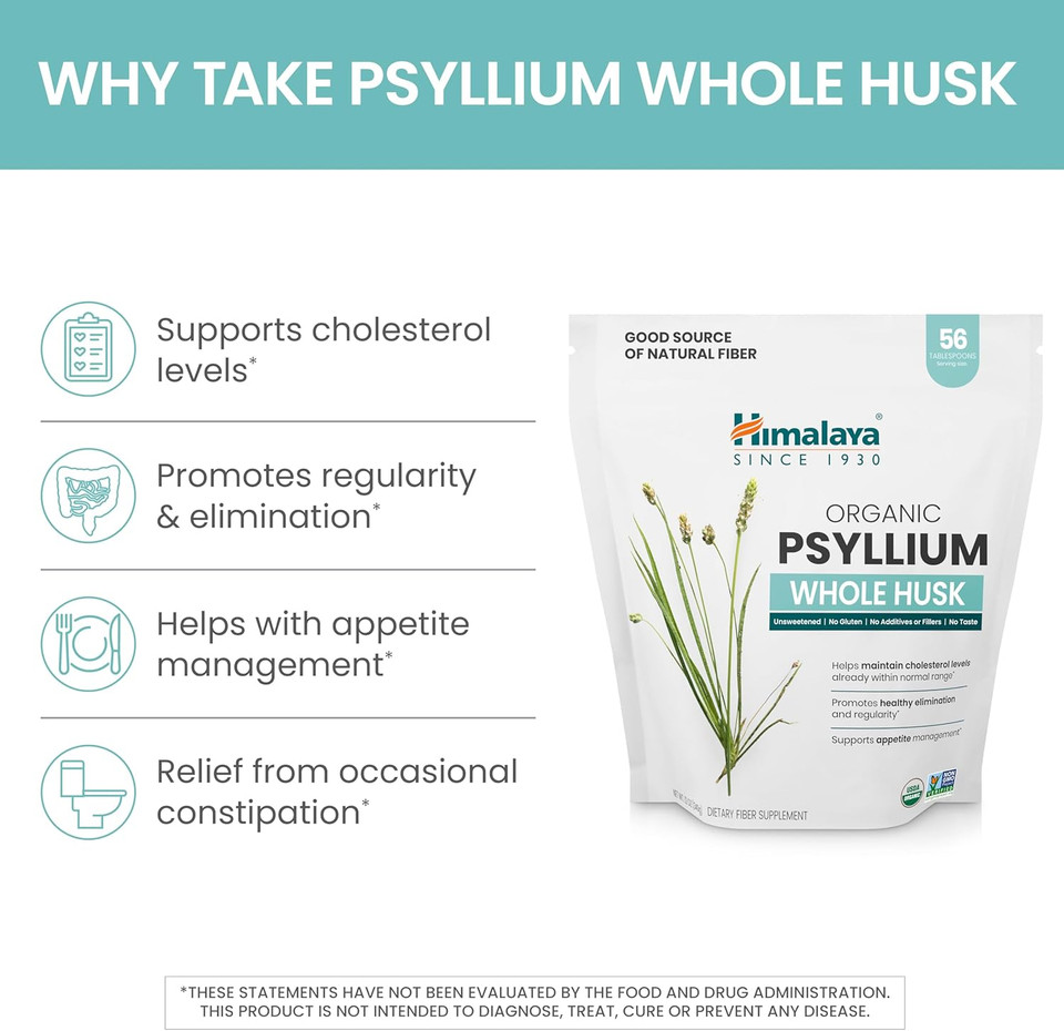 Himalaya Organic Psyllium Whole Husk, Natural Daily Fiber Supplement, Regularity, Appetite Management, Usda Certified Organic, Non-Gmo, 56-Tablespoon Supply, Unflavored, 12 Oz Himalaya Organic Psyllium Whole Husk, Natural Daily Fiber Supplement, Regularity, Appetite Management, Usda Certified Organic, Non-Gmo, 56-Tablespoon Supply, Unflavored, 12 Oz