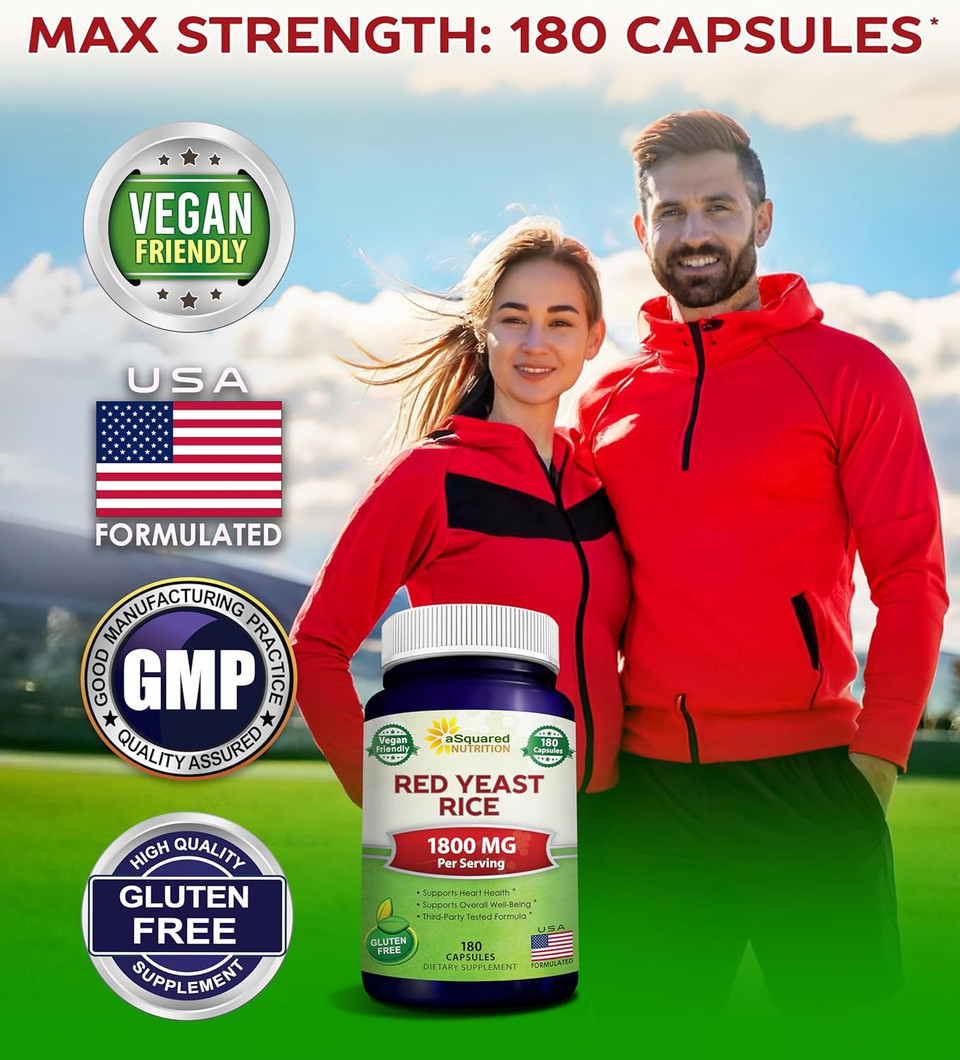 Asquared Nutrition Red Yeast Rice 1800Mg - Dietary Supplement Vegan Powder Pills To Support Cardiovascular Health - 180 Veggie Capsules