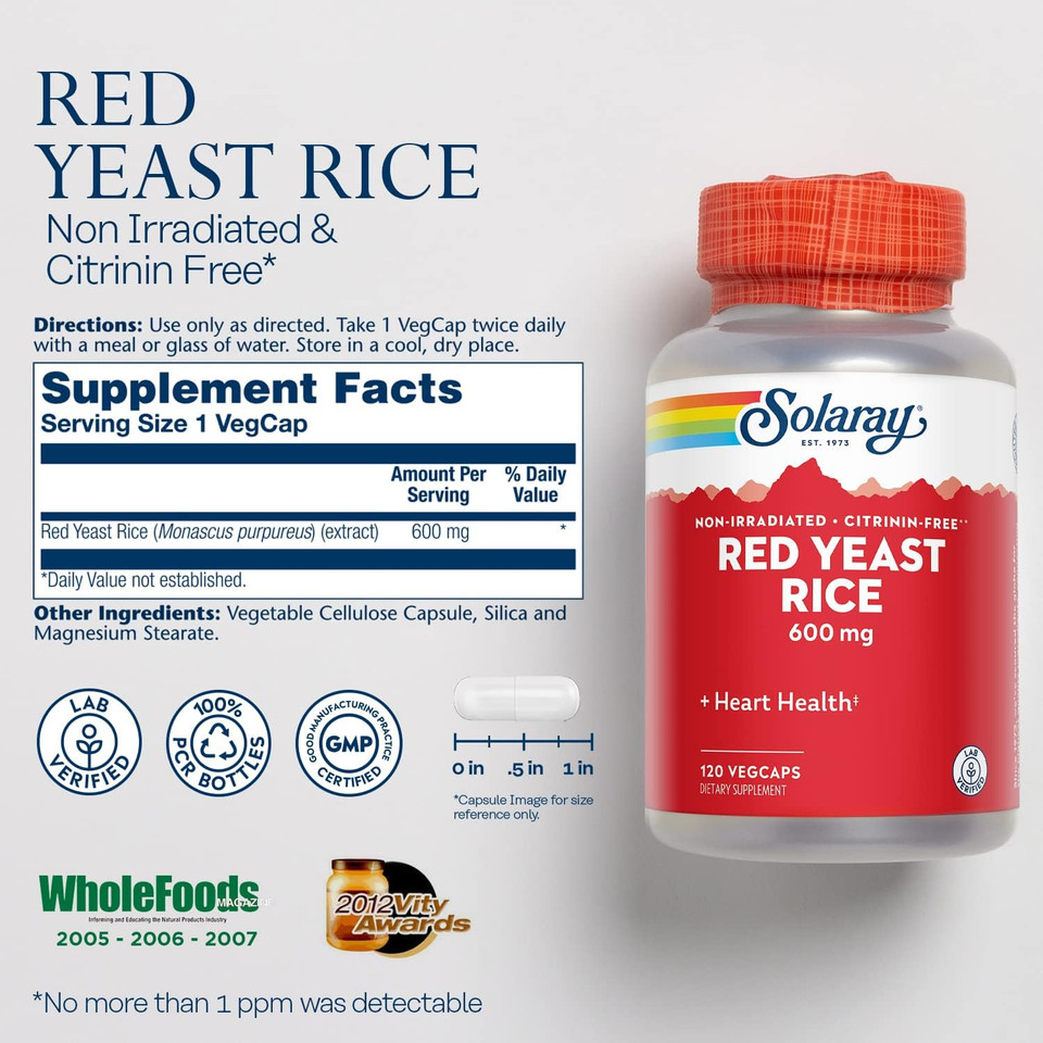 Solaray Red Yeast Rice 600Mg System Support, Non-Irradiated & No Citrinin, Lab Verified, 120 Vegcaps120Ct