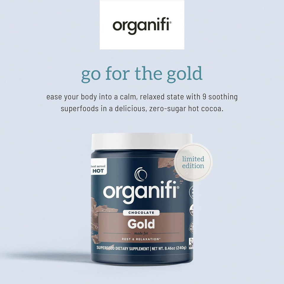 Organifi - Gold Chocolate - Superfood Supplement Powder - 20 Day Supply - Supports Restful Sleep, Immune Health And Recovery - Cocoa, Organic Turmeric And Reishi Mushroom Infused Golden Milk Drink Mix