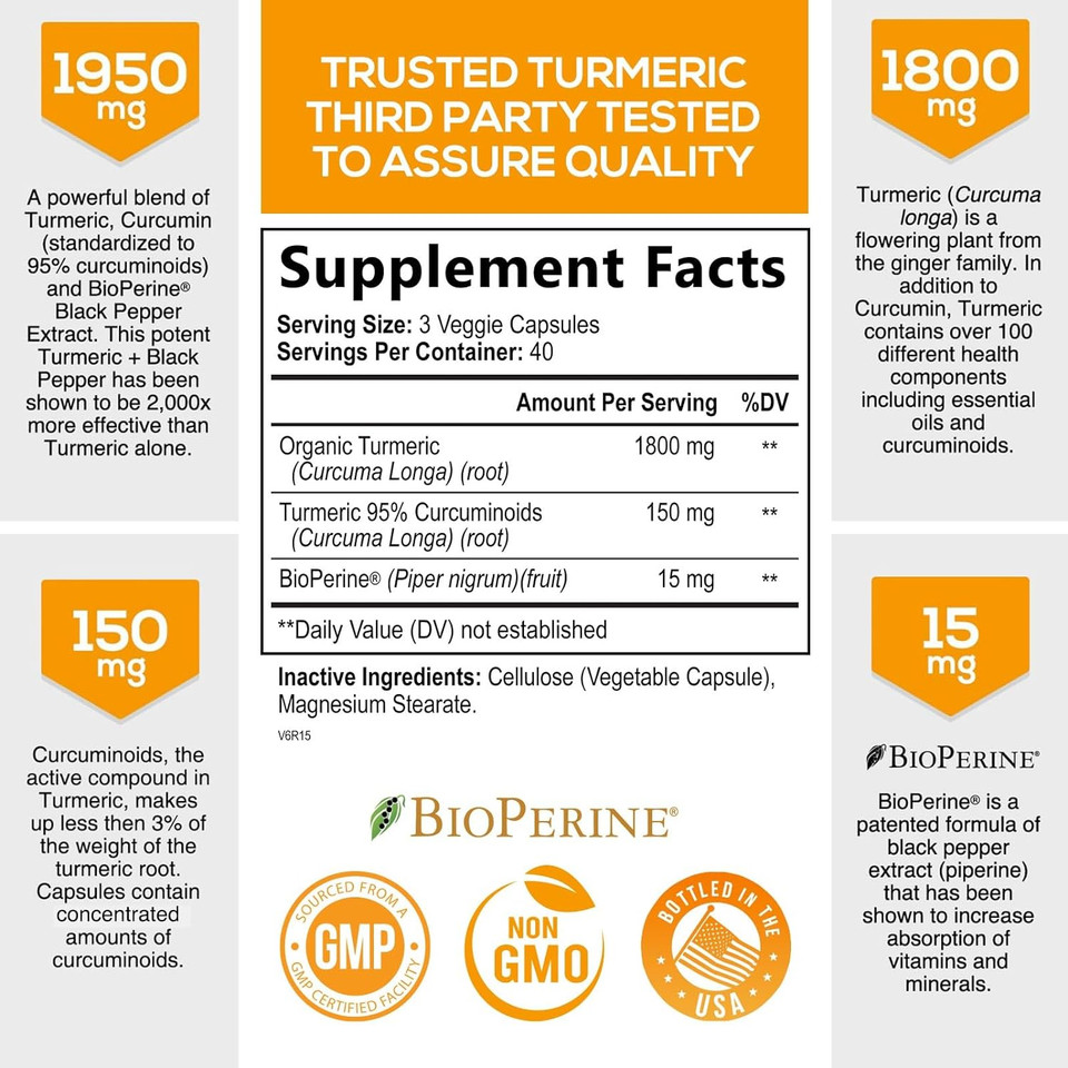 Turmeric Curcumin With Bioperine 95% Standardized Curcuminoids 1950Mg - Black Pepper For Max Absorption, Joint Support, Nature'S Tumeric Supplement, Vegan Herbal Extract, Non-Gmo, 120 Capsules120 Count (Pack Of 1)