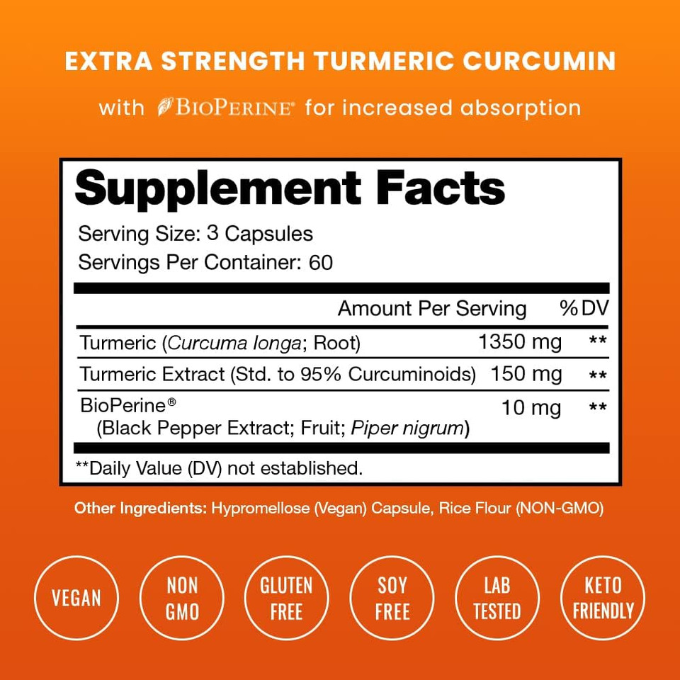 Turmeric Curcumin With Black Pepper Extract 1500Mg | 95% Curcuminoids Extra Strength Turmeric Supplement For Joint Health, Brain, Heart & Immune Support | Vegan & Non-Gmo | 180 Turmeric Capsules