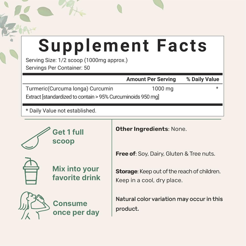Turmeric Extract 95% Curcuminoids (Natural Turmeric Extract And Turmeric Supplements), 50 Grams, Rich In Antioxidants For Joint & Immune Support, No Gmos, Vegan Friendly, India Origin