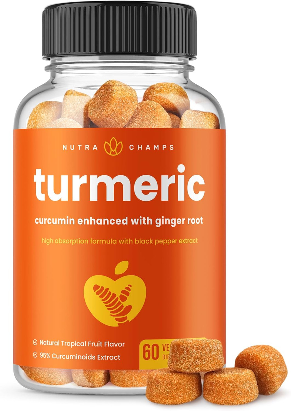 Turmeric Gummies For Adults & Kids With Ginger & Black Pepper Extract | 95% Curcuminoids | Vegan Natural Curcumin Joint Support Supplement | Tumeric Gummy Supplements