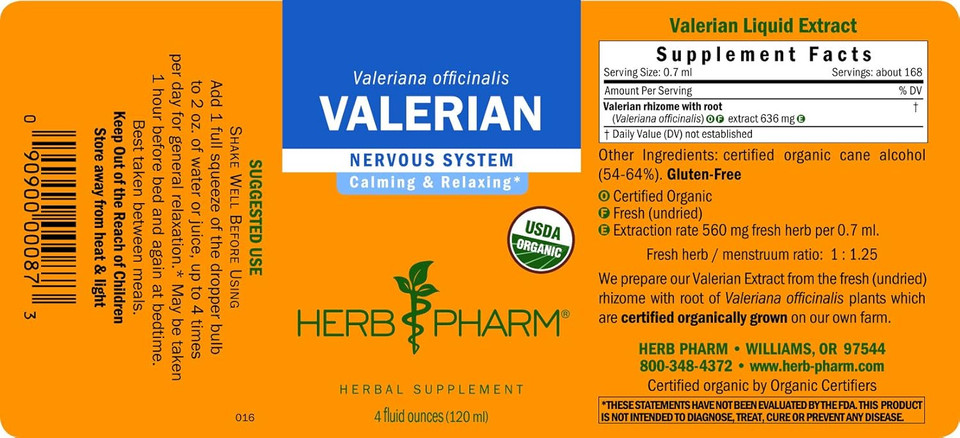 Herb Pharm Certified Organic Valerian Root Liquid Extract For Relaxation And Restful Sleep, Organic Cane Alcohol, 4 Ounce