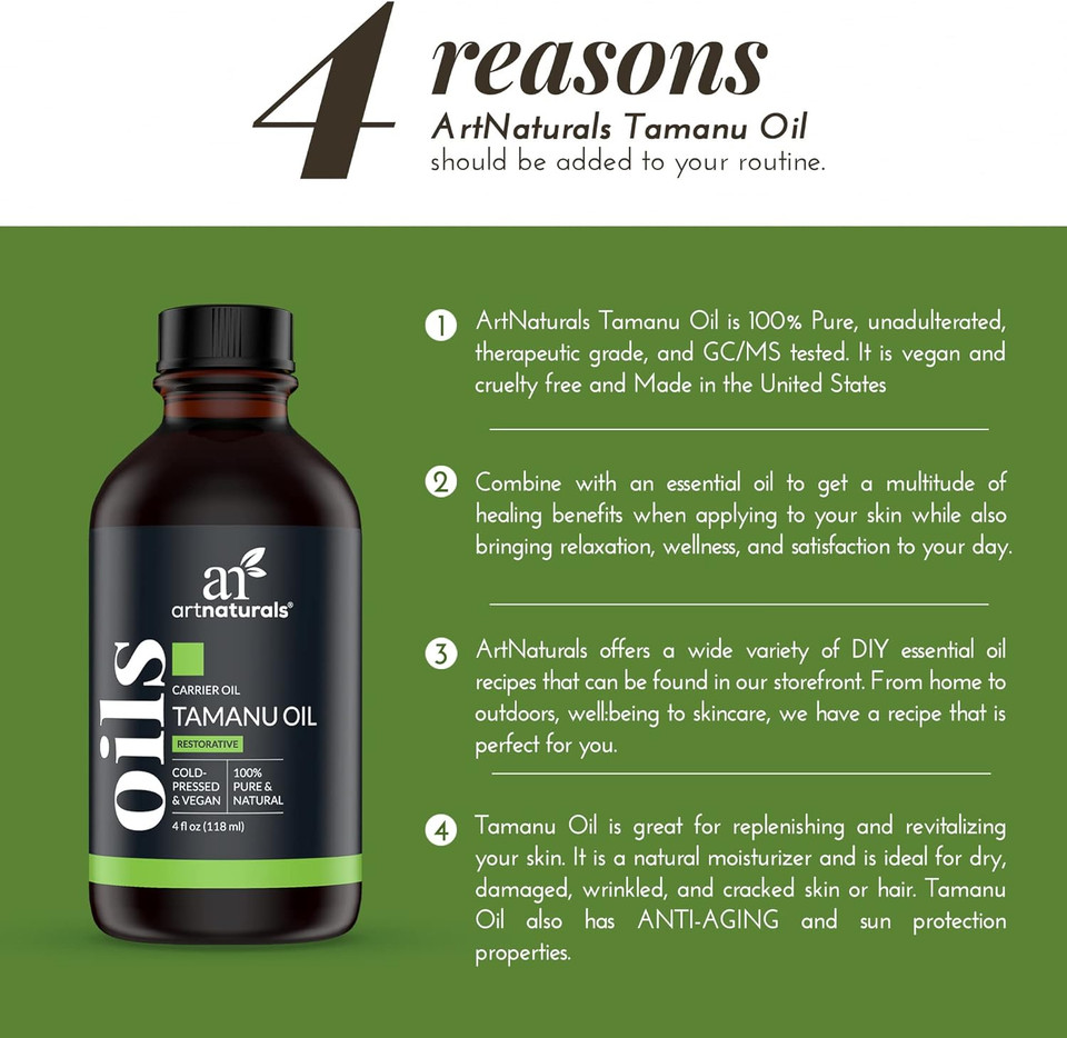 Artnaturals 100% Pure Extra Virgin Tamanu Oil (4 Fl Oz / 120Ml) Natural - Cold Pressed - For Skin, Face, Hair & Scalp  Relief For Acne, Scars, Stretch Marks Psoriasis & Eczema & Blisters