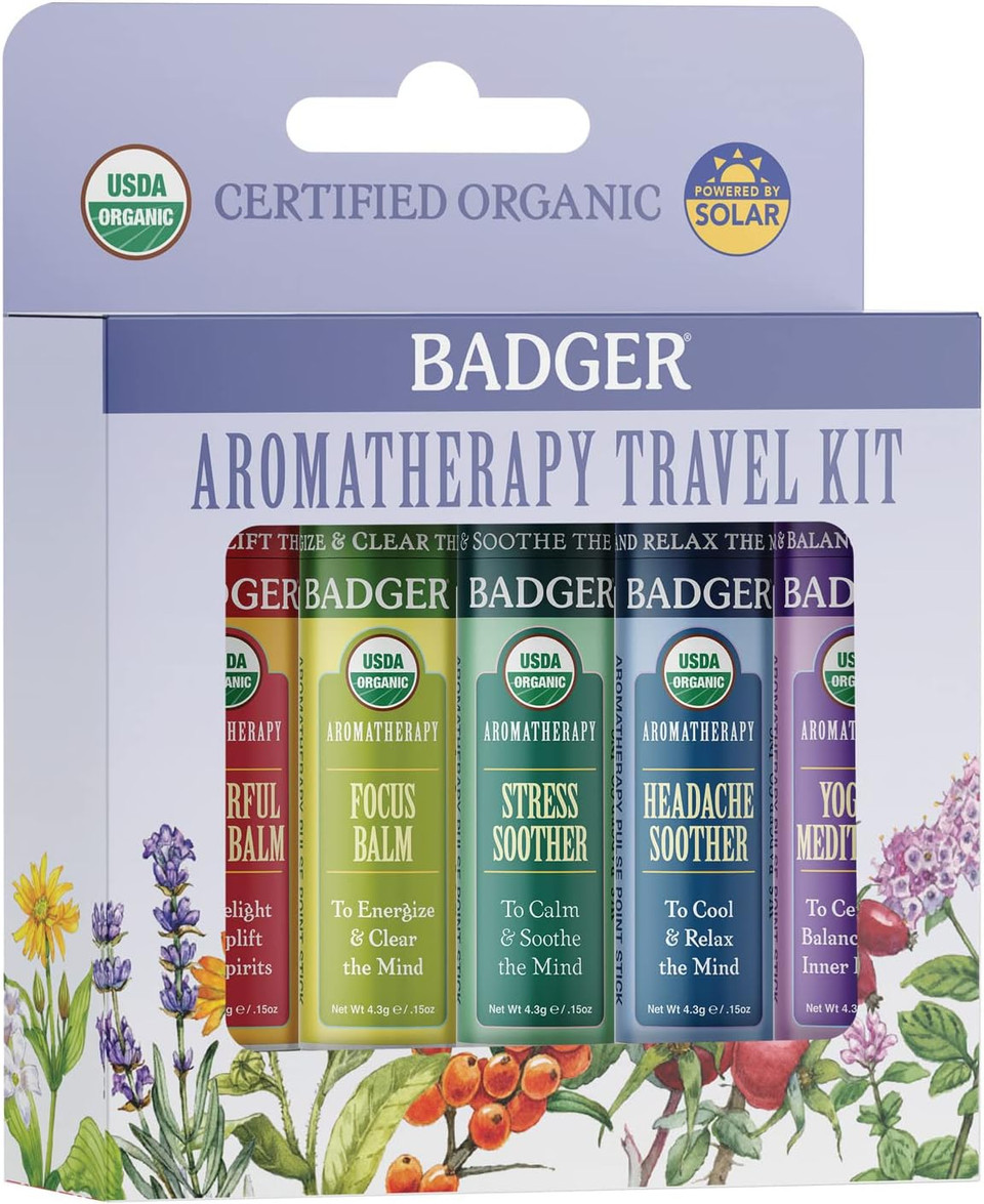 Badger - Aromatherapy Balm Stick Variety Pack, Certified Organic, Cheerful Mind, Stress Soother, Focus, Headache Soother, Yoga & Meditation, Aromatherapy Oils, Essential Oil Rollers, 0.15 Oz (5 Pack)Variety Pack0.15 Ounce (Pack Of 5)