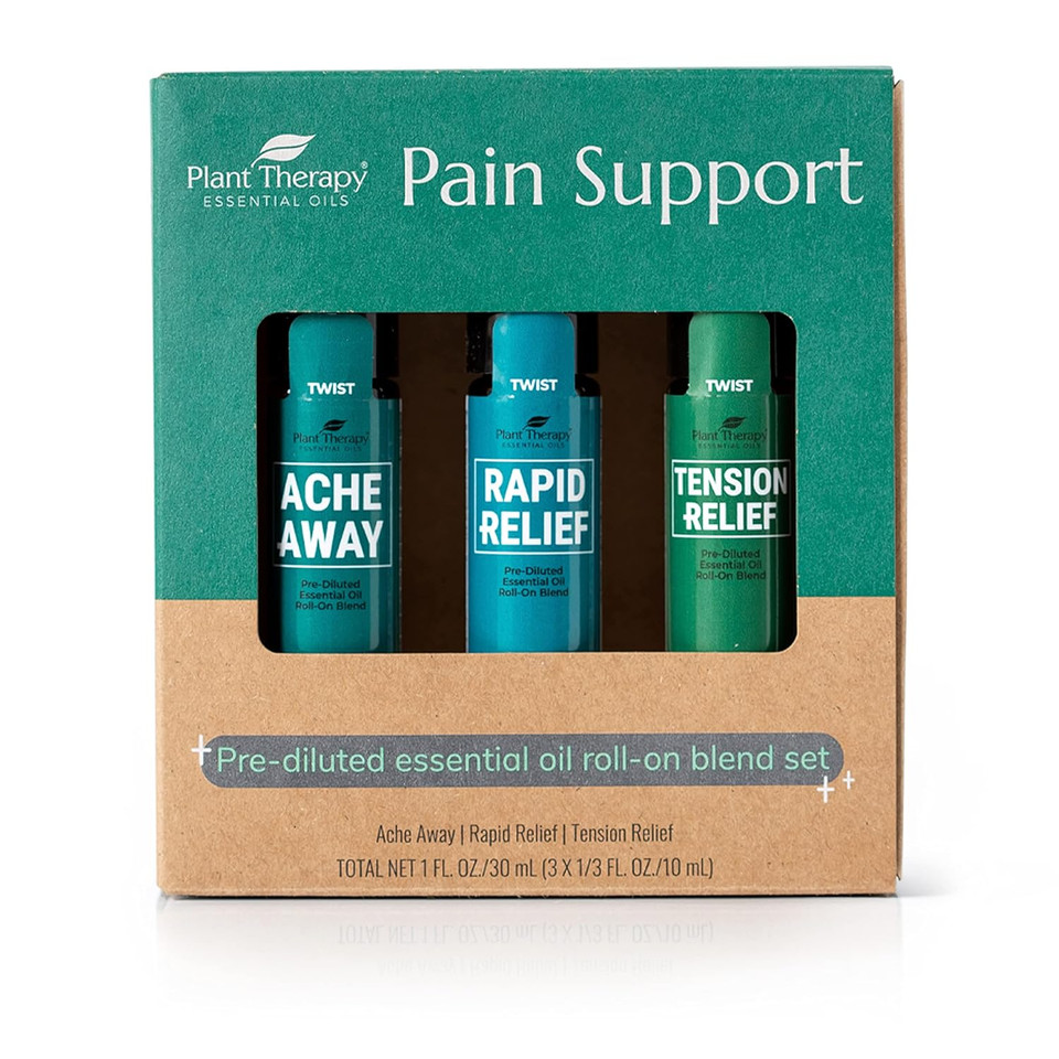 Plant Therapy Pain Support Essential Oil Roll On Blend Set 10 Ml (1/3 Oz) Each Of Ache Away, Rapid Relief & Tension Relief, Pure, Pre-Diluted, Essential Oil Blends0.34 Fl Oz (Pack Of 3)