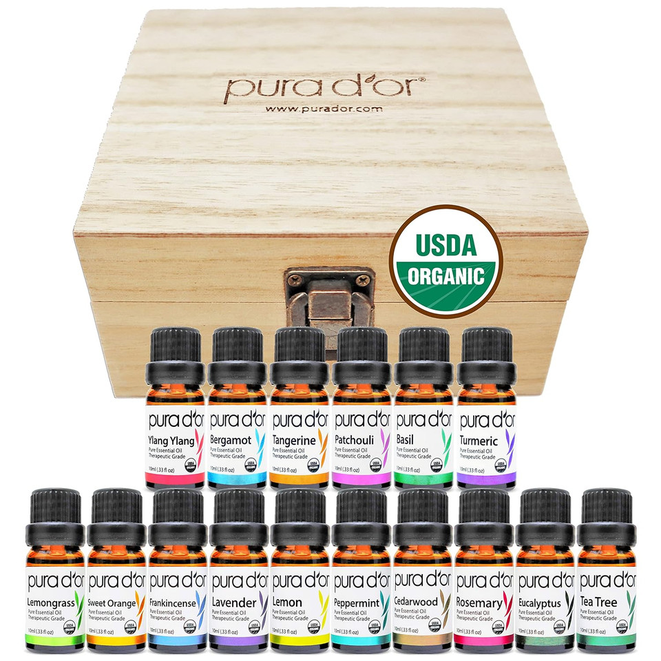 Pura D'Or Organic Essential Oils Set Of 16 10Ml Sweet16 Wood Box Gift Set, Pure Therapeutic Grade Aromatherapy, Fragrance, Home Diffuser (Lavender, Tea Tree, Eucalyptus, Lemon, Cedarwood, Ylang Ylang)0.33 Fl Oz (Pack Of 16) Pura D'Or Organic Essential Oils Set Of 16 10Ml Sweet16 Wood Box Gift Set, Pure Therapeutic Grade Aromatherapy, Fragrance, Home Diffuser (Lavender, Tea Tree, Eucalyptus, Lemon, Cedarwood, Ylang Ylang)0.33 Fl Oz (Pack Of 16)