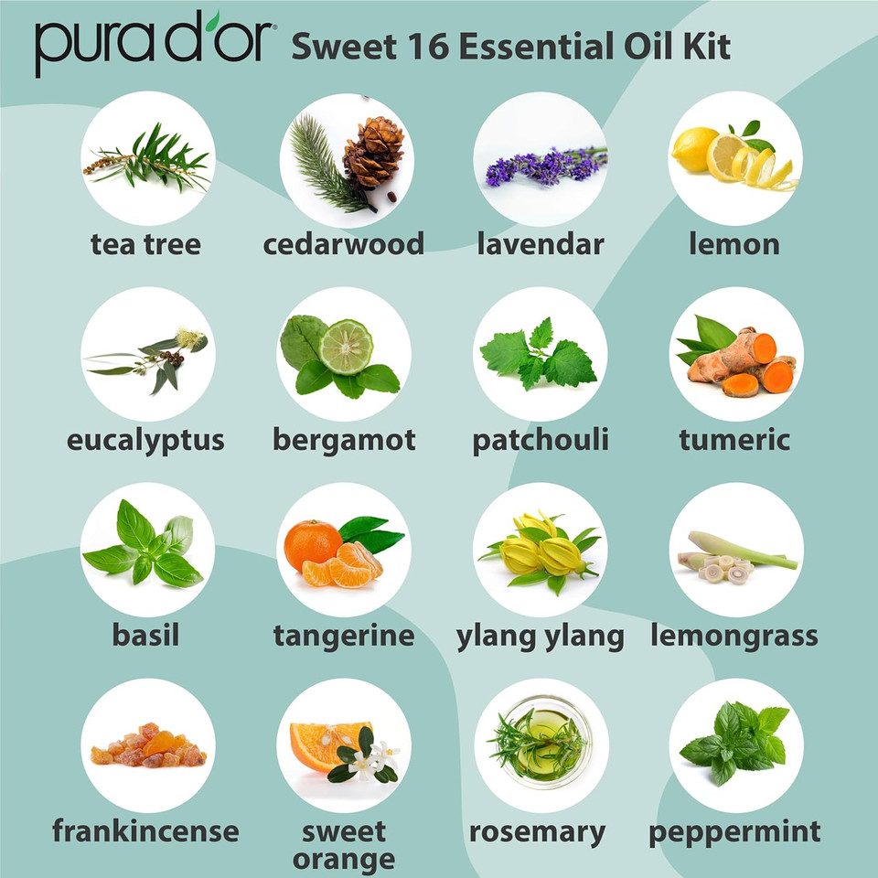 Pura D'Or Organic Essential Oils Set Of 16 10Ml Sweet16 Wood Box Gift Set, Pure Therapeutic Grade Aromatherapy, Fragrance, Home Diffuser (Lavender, Tea Tree, Eucalyptus, Lemon, Cedarwood, Ylang Ylang)0.33 Fl Oz (Pack Of 16) Pura D'Or Organic Essential Oils Set Of 16 10Ml Sweet16 Wood Box Gift Set, Pure Therapeutic Grade Aromatherapy, Fragrance, Home Diffuser (Lavender, Tea Tree, Eucalyptus, Lemon, Cedarwood, Ylang Ylang)0.33 Fl Oz (Pack Of 16)