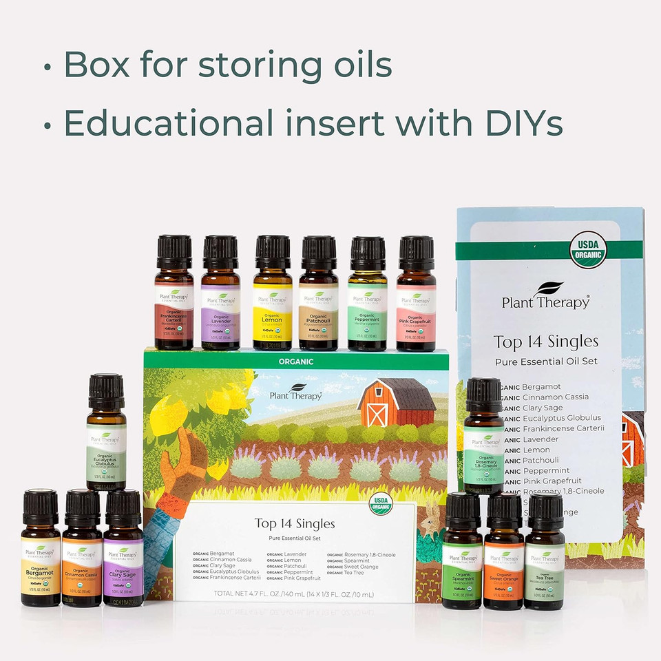 Plant Therapy Top 14 Organic Essential Oil Singles Set 100% Pure Essential Oils, Undiluted, Natural Aromatherapy For Diffusion And Body Care 10 Ml (1/3 Oz) Each