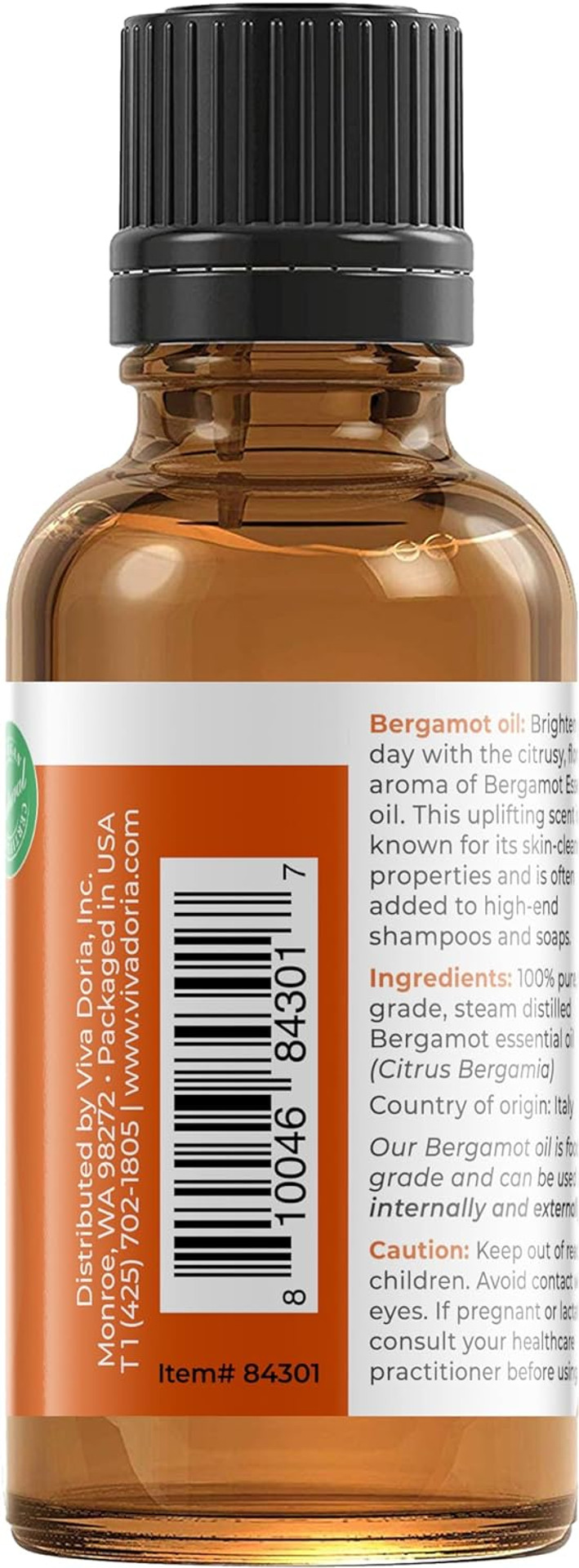 Viva Doria 100% Pure Bergamot Essential Oil, Undiluted, Food Grade, Italian Bergamot Oil, 1 Fluid Ounce (30 Ml) Natural Aromatherapy Oil1 Fl Oz (Pack Of 1)