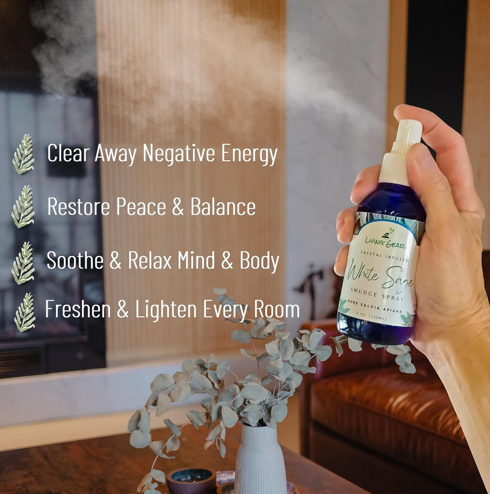 White Sage Smudge Spray For Energy Clearing & Purification - A Clean, Safe Alternative To Burning Sage - 100% Pure Salvia Apiana - Crystal Infused - 4 Oz