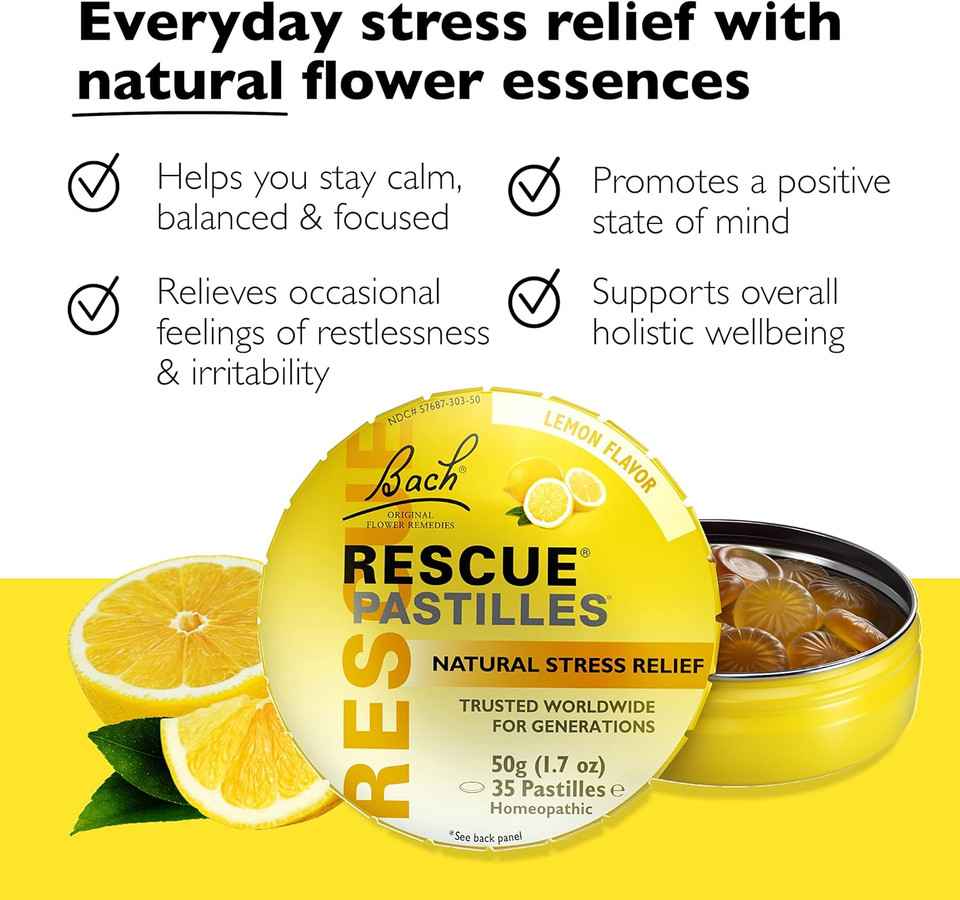 Bach Rescue Pastilles, Lemon Flavor, Natural Stress Relief Lozenges, Homeopathic Flower Essence, Vegetarian, Gluten & Sugar-Free, 35 Count, 4 Pack