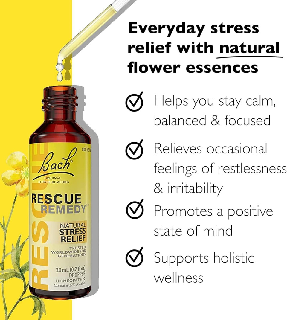 Bach Rescue Remedy Dropper 20Ml, Natural Stress Relief, Homeopathic Flower Essence, Vegan, Gluten & Sugar-Free, Non-Habit Forming
