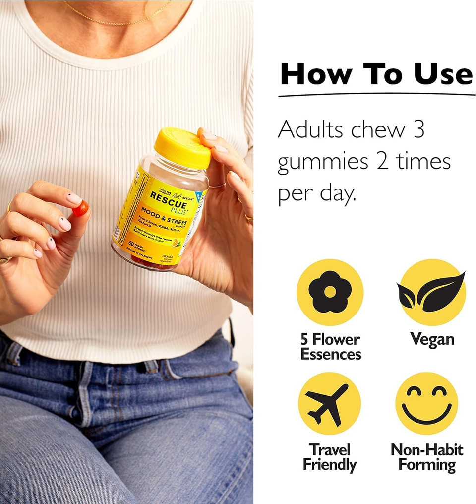 Rescue Bach Plus Mood & Stress Support Gummies, Daytime Dietary Supplement With Passionflower, Gaba, Saffron & Vitamin D, Natural Orange Flavor, Vegan & Gluten-Free, 3 Pack, 180 Count Total