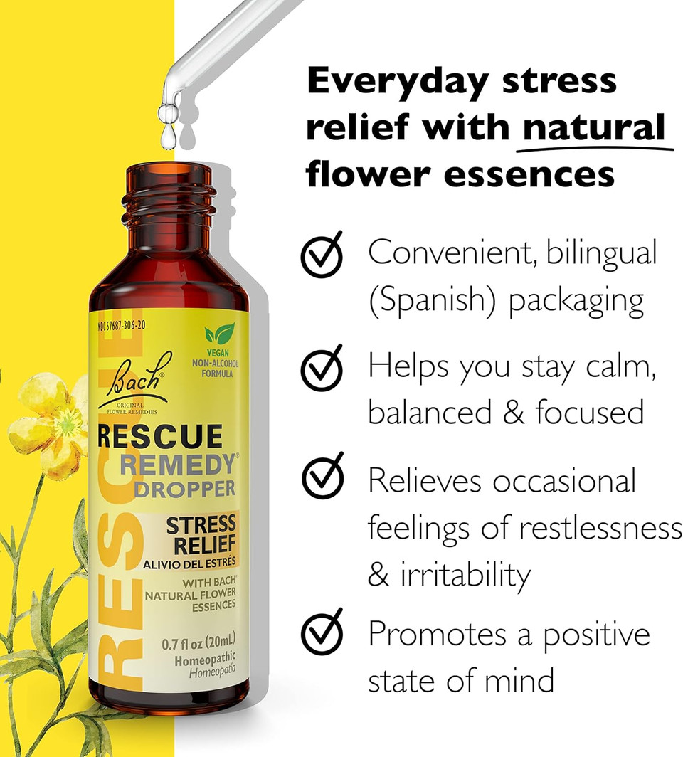 Rescue Bach Remedy Dropper 10Ml, Natural Stress Relief, Homeopathic Flower Essence, Vegan, Gluten & Sugar-Free, Non-Habit Forming (Non-Alcohol Formula)