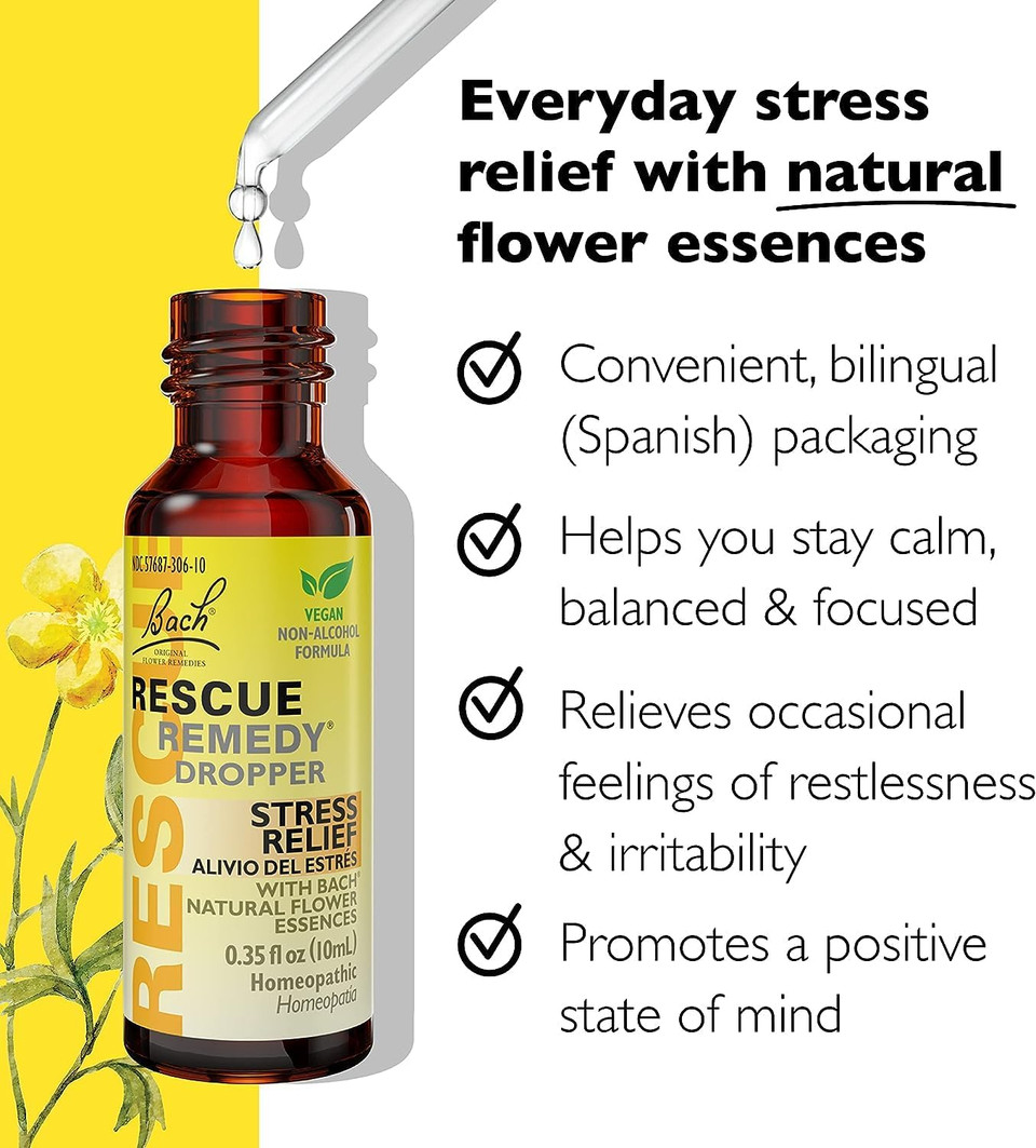Bach Rescue Remedy Dropper 10Ml Bundle, Non-Alcohol Formula, Natural Stress Relief, Homeopathic Flower Essence, Vegan, Gluten & Sugar-Free, Non-Habit Forming, 2-Pack