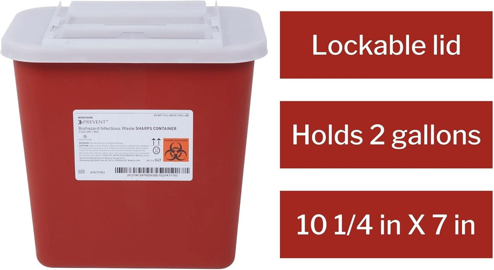 Mckesson Prevent Biohazard Infectious Waste Sharps Container - Plastic, Horizontal Entry, Translucent Sliding Lid - Red, 2 Gal, 7 In X 10 1/2 In X 10 1/4 In, 20 Count