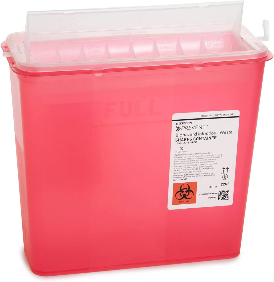 McKesson Prevent Biohazard Infectious Waste Sharps Container, Plastic, Red, 1.25 gal, 1 Count