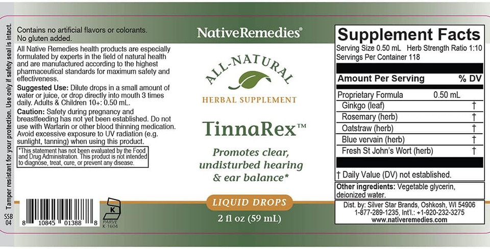 Native Remedies TinnaRex - All Natural Herbal Supplement Promotes Clear and Undisturbed Hearing - Supports Ear Structures, Sound Conduction and Conveyance - 59 mL